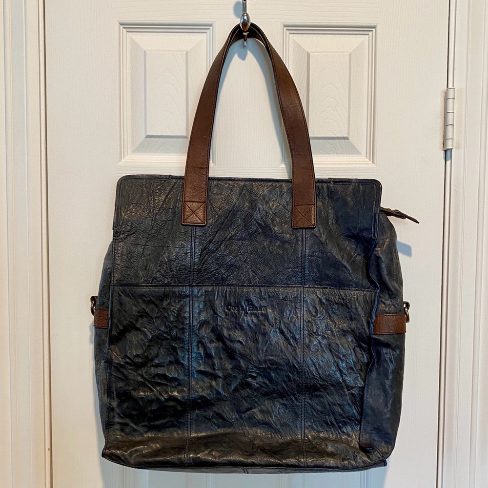 Cole Haan Navy and Brown Rugged Leather Tote Bag w/Shoulder Strap